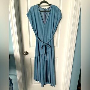 ZARA WOMEN SIZE SMALL CHAMBRAY FLUTTER SLEEVE V NECK TIE BACK MAXI DRESS